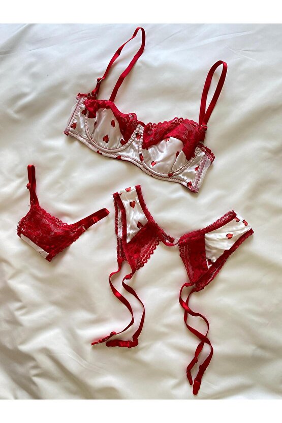 Kalp Desenli Dantel Jartiyer takımı