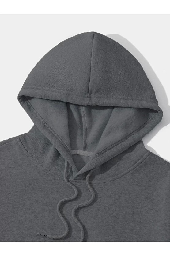 Erkek Düz Kapüşonlu Sweat - Füme