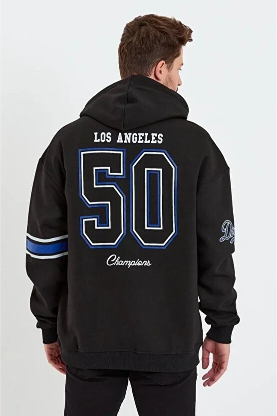 EQURİ Erkek Baskılı Kapşonlu Üç Iplik Oversize Sweatshirt - Siyah