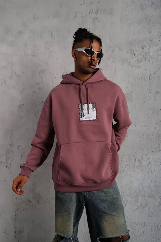 Erkek Ön Arka Baskılı Kapşonlu Sweat - Gül Kurusu