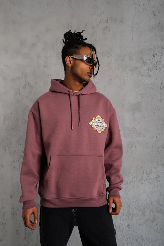 Erkek Kilim Desen Kapüşonlu Sweat - Gül Kurusu