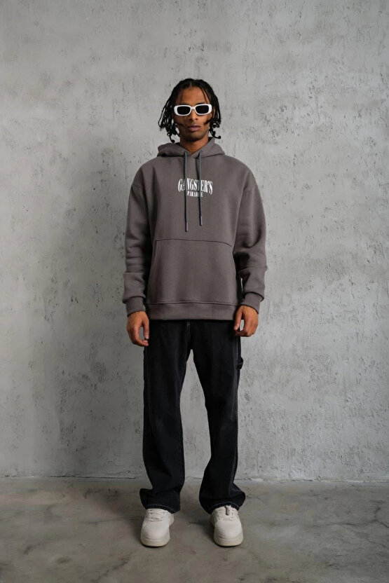 Erkek Paradise Baskılı Kapüşonlu Sweat - Gri