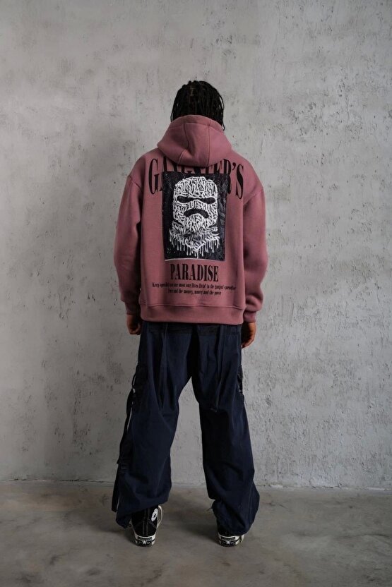Erkek Paradise Baskılı Kapüşonlu Sweat - Gül Kurusu