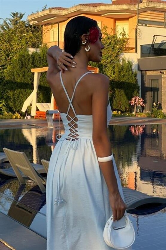 EQURİ Sırtı Çapraz İpli Boncuk Detaylı Elbise 2902-08