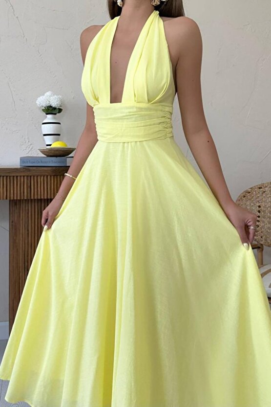 Sarı Askılı Keten Elbise