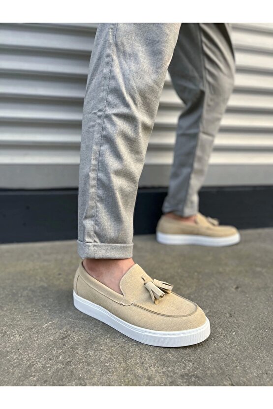 JY153 Bloom Bağcıksız Püsküllü Süet Erkek Günlük Spor Klasik Ayakkabı SBT - Krem