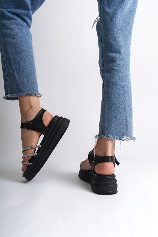 EVA Kalın Tokalı Taşlı Şeritli Ortopedik Taban Kadın Sandalet CST - Siyah