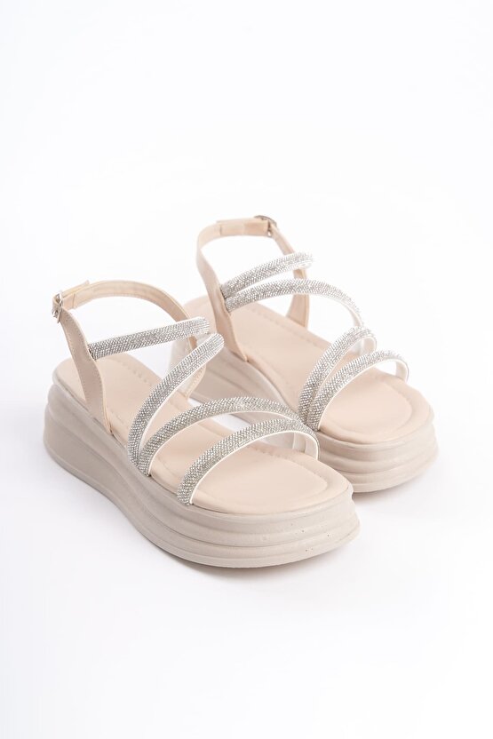 RILEY İnce Tokalı Taşlı Şeritli Ortopedik Taban Kadın Sandalet CKT - Krem