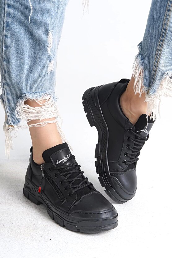 AGATHA Bağcıklı Fermuarlı Ortopedik Taban Kadın Sneaker Spor Ayakkabı CST - Siyah