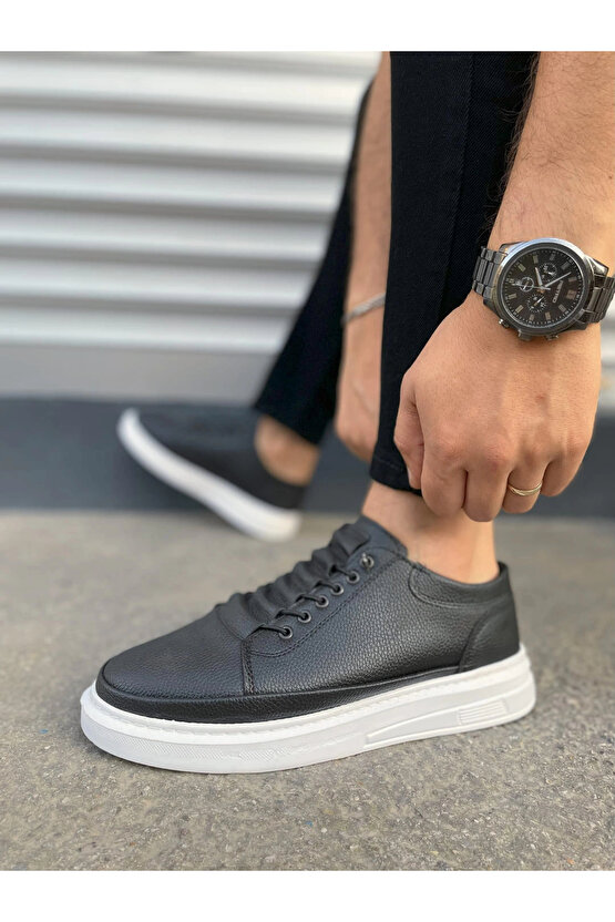 JY0535 Prime Bağcıklı Cilt Erkek Günlük Sneaker Ayakkabı CBT - Siyah