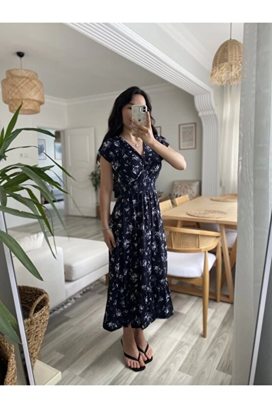 Kadın Kısa Kollu Kruvaze Yakalı Beli Lastikli çiçek Desenli Elbise