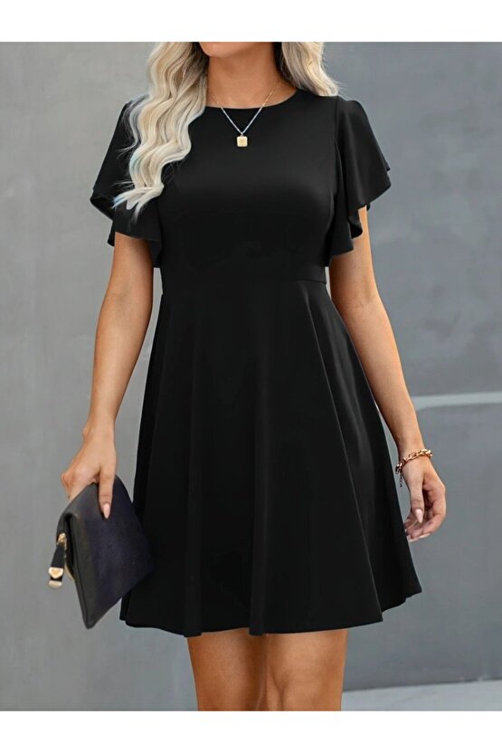 Kendim Fashion Kadın Kısa Kelebek Kollu Bisiklet Yaka Janjan Krep Elbise