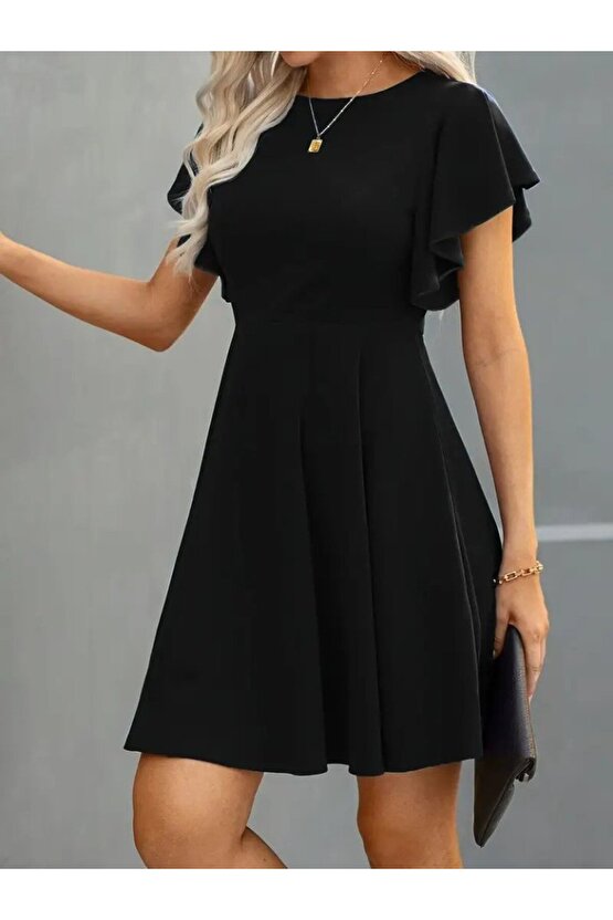 Kendim Fashion Kadın Kısa Kelebek Kollu Bisiklet Yaka Janjan Krep Elbise