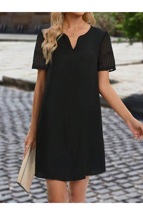Kadın Kısa Kollu V Yakalı Kısa Janjan Krep Elbise