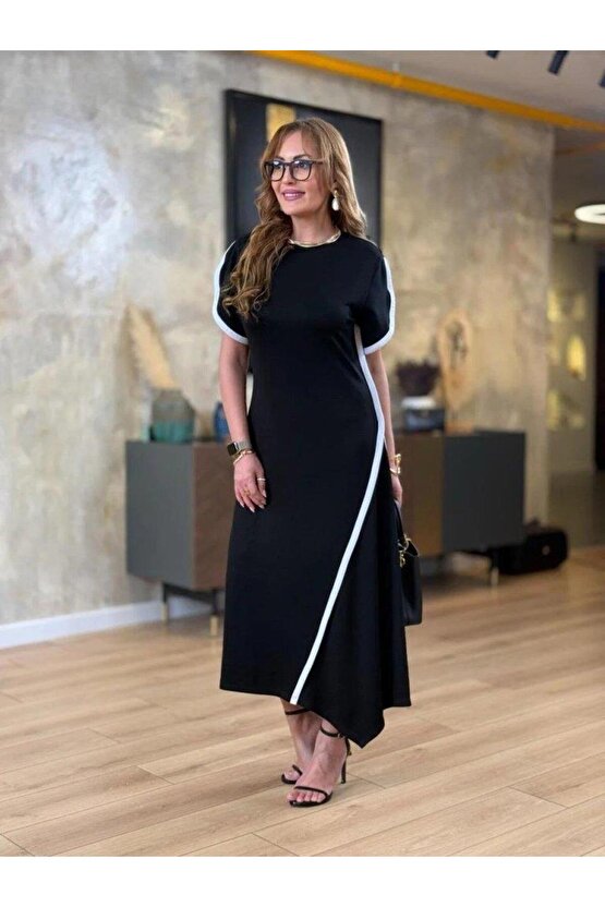 Kadın Kısa Kollu Bisiklet Yaka çift şerit Renk Detaylı Asimetrik Kesim Viskon Iki Iplik Elbise