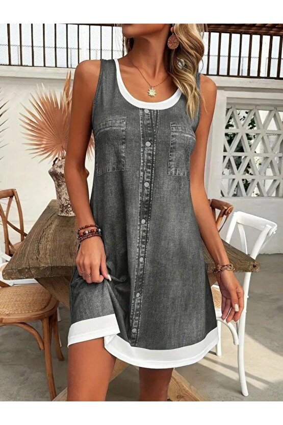 Kadın Askılı Yuvarlak Yakalı Kot Görünümlü Kısa Süprem Elbise