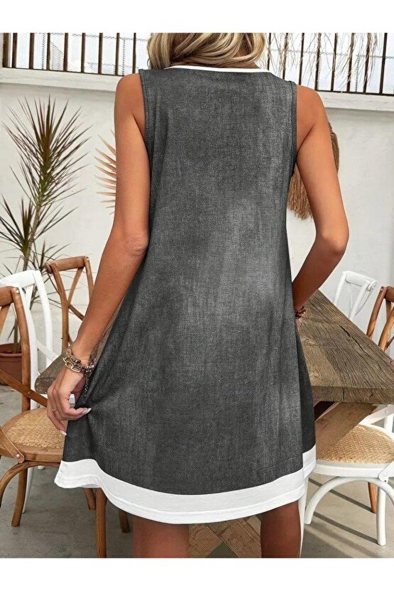 Kadın Askılı Yuvarlak Yakalı Kot Görünümlü Kısa Süprem Elbise