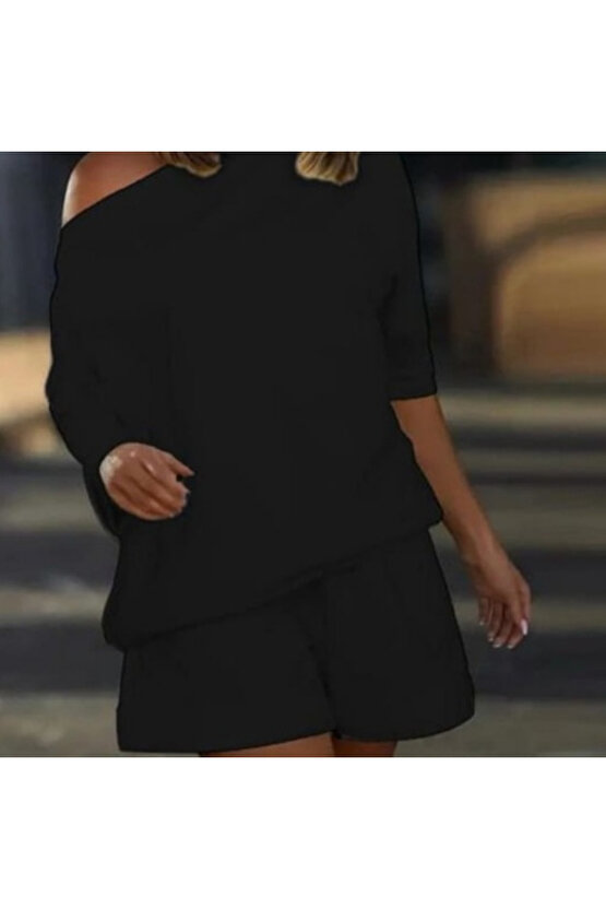 Kadın Kayık Yaka Salaş Iki Iplik Bluz Ve şort Ikili Takım