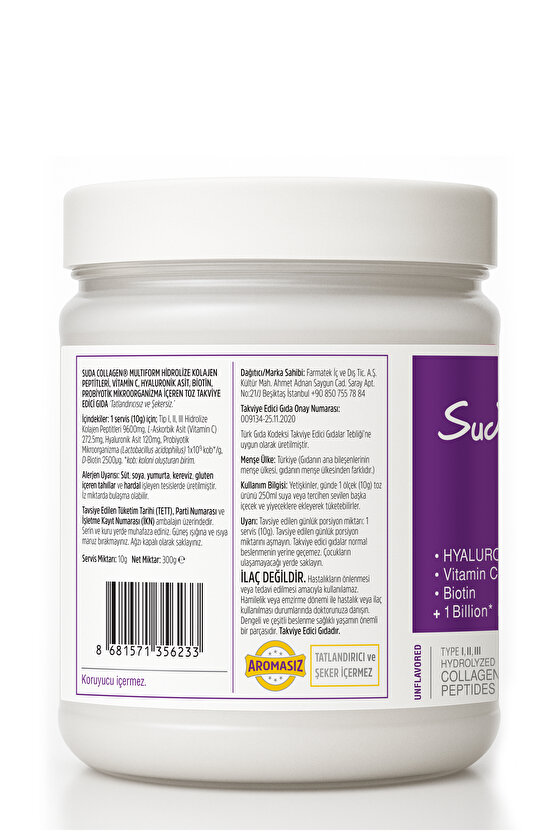 Multiform Toz Aromasız Kolajen- Tip I-II-III, C Vitamini, Biotin, Hyaluronik Asit, Probiyotik | 300g