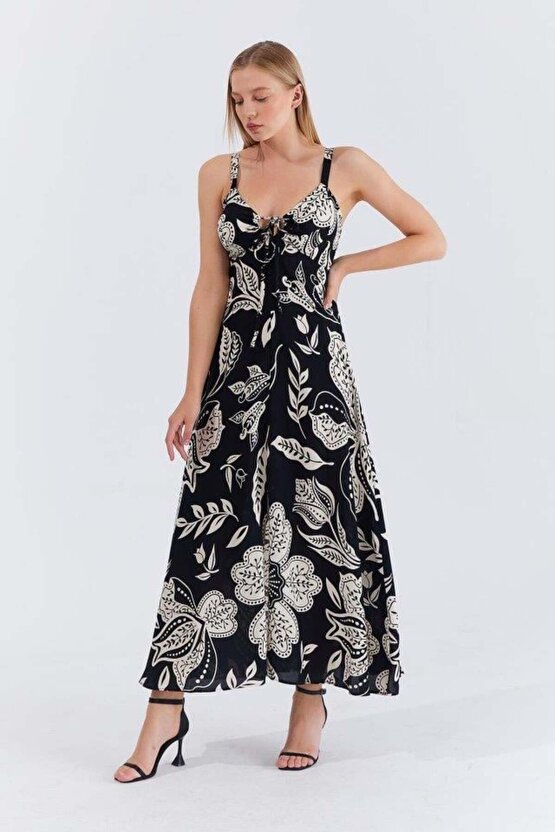 Askılı Viscon Elbise - Siyah