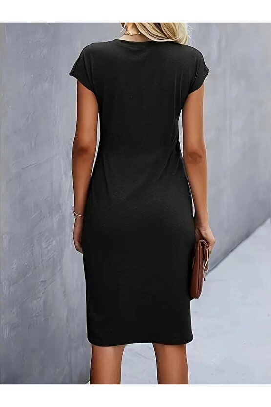 Kadın Kısa Kollu Bisiklet Yaka Yandan Büzgülü Midi Viskon Elbise