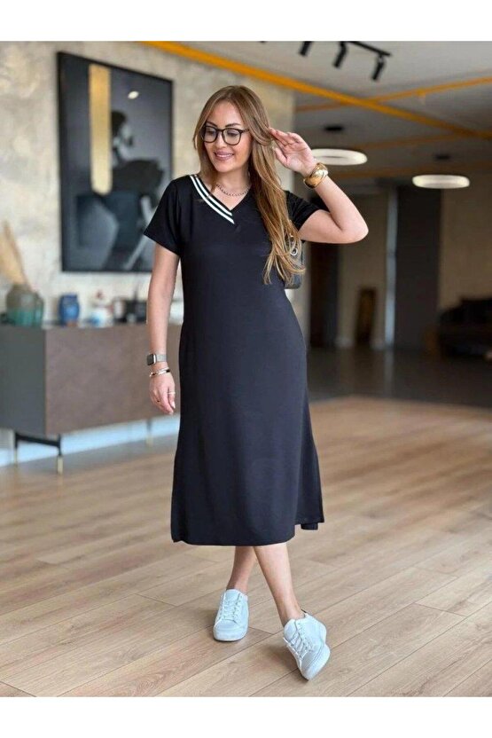 EQURİ Kadın Kısa Kollu V Ribana Yakalı Yırtmaçlı Midi Viskon Iki Iplik Elbise