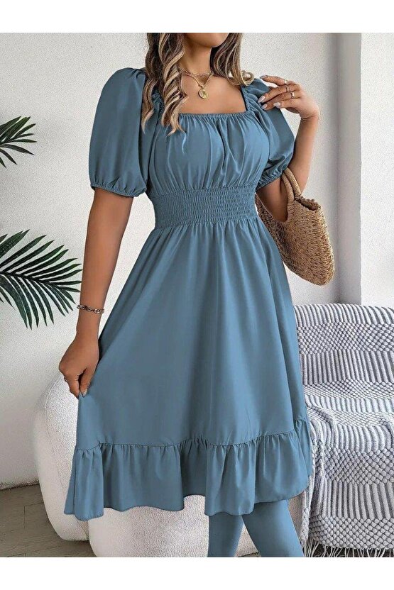 Kadın Kısa Kollu Kare Yakalı Beli Lastikli Kısa Trikoton Elbise