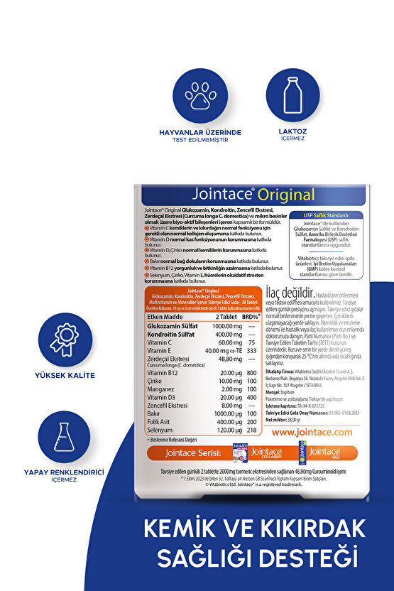Glukozamin Kondroitin, D Vitamini, Kurkumin İçeren Kemik Sağlığı Destek Vitamini 30 Tablet