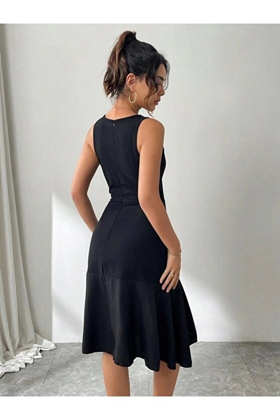 Kadın Askılı Bisiklet Yaka önden Fırfırlı Kısa Ithal Krep Elbise