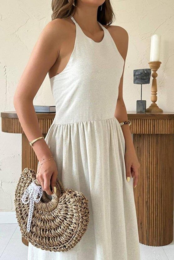 EQURİ Bej Arkası Gipeli Keten Elbise