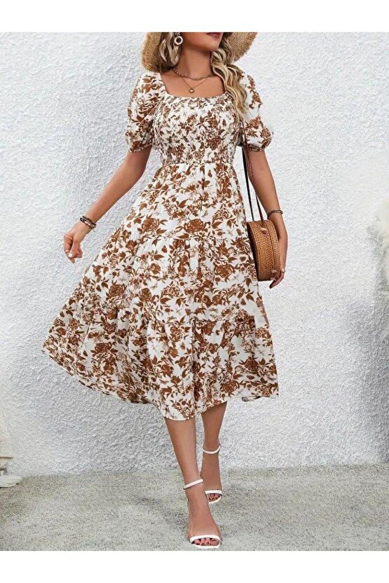 Kadın Kısa Kollu Kare Yakalı Lastikli Desenli Süprem Elbise