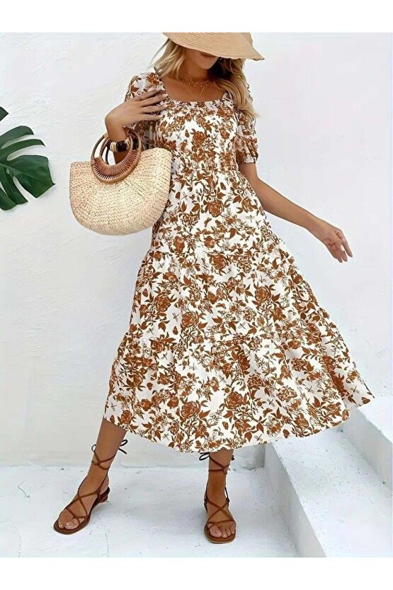 Kadın Kısa Kollu Kare Yakalı Lastikli Desenli Süprem Elbise