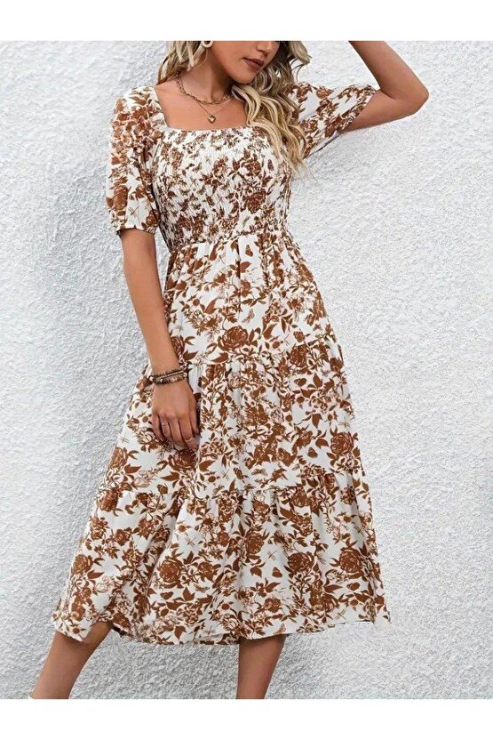 Kadın Kısa Kollu Kare Yakalı Lastikli Desenli Süprem Elbise