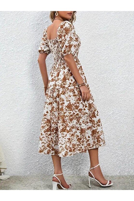 Kadın Kısa Kollu Kare Yakalı Lastikli Desenli Süprem Elbise