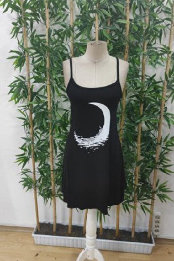 Kadın Ip Askılı Ay Desenli Viskon Elbise