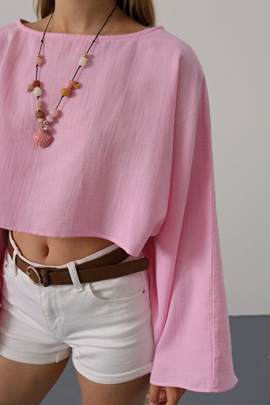 YARASA KOLLU CROP BLUZ - Pembe