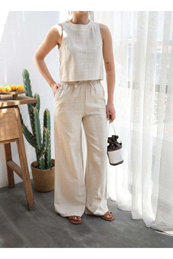 Keten Bluz Ve Pantolon Ikili Takim