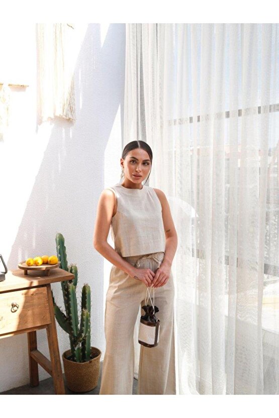 Keten Bluz Ve Pantolon Ikili Takim