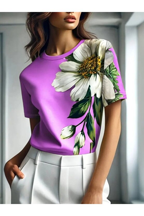 EQURİ Kadın Kısa Kollu Bisiklet Yaka çiçek Baskılı Süprem Bluz