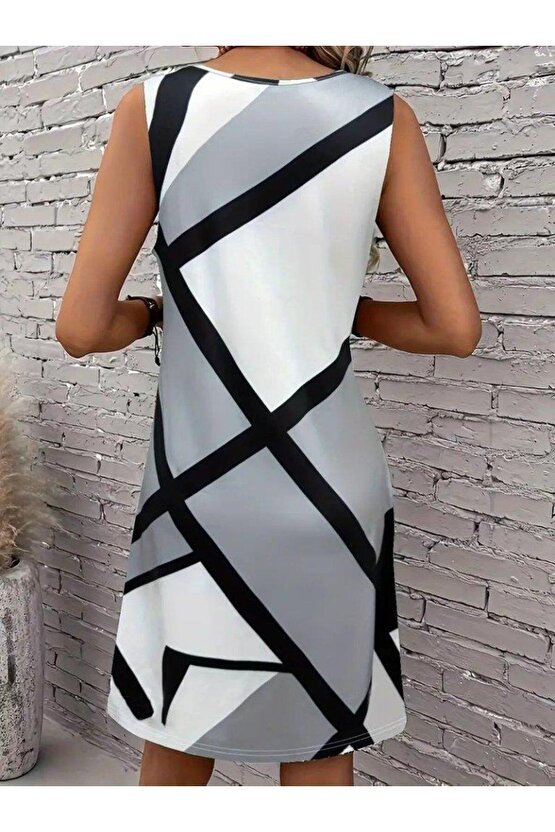 Kadın Askılı Yuvarlak Yaka Geometrik Desenli Kısa Süprem Elbise