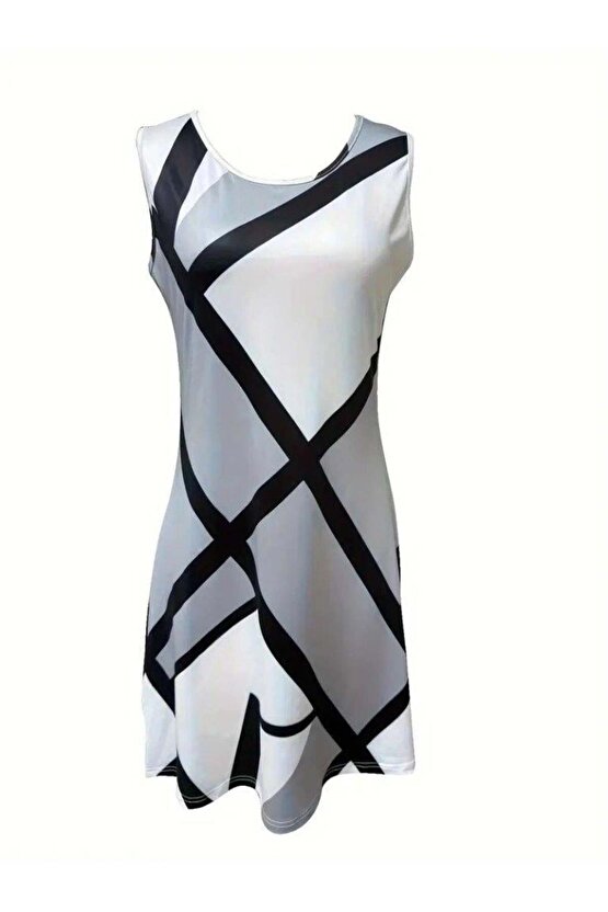 Kadın Askılı Yuvarlak Yaka Geometrik Desenli Kısa Süprem Elbise