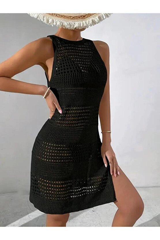 EQURİ Kadın Askılı Derin Sırt Dekolteli Ajurlu Triko Pareo