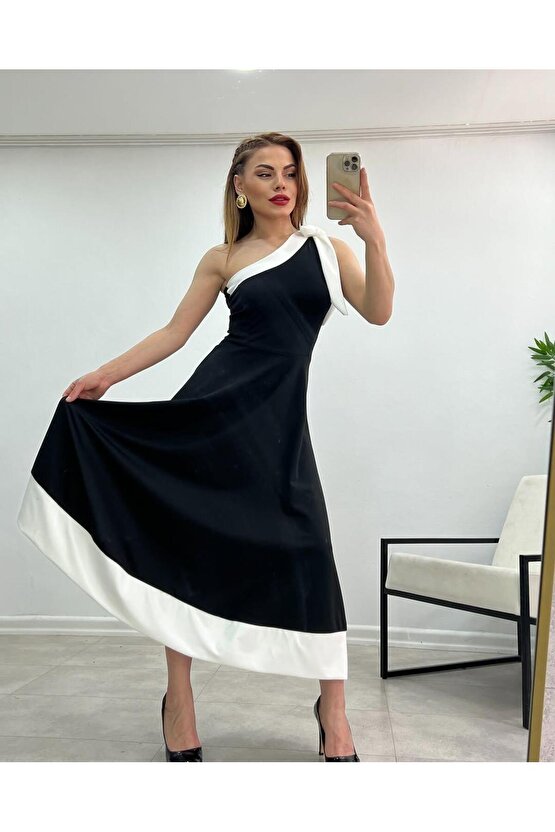 Kadın Tek Omuzu Açık Omuzlardan Kurdela Detaylı çift Renkli Ithal Krep Elbise