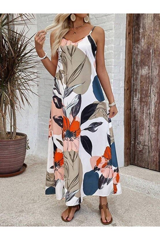 Kadın Ip Askılı Geniş V Yakalı Desenli Süprem Elbise