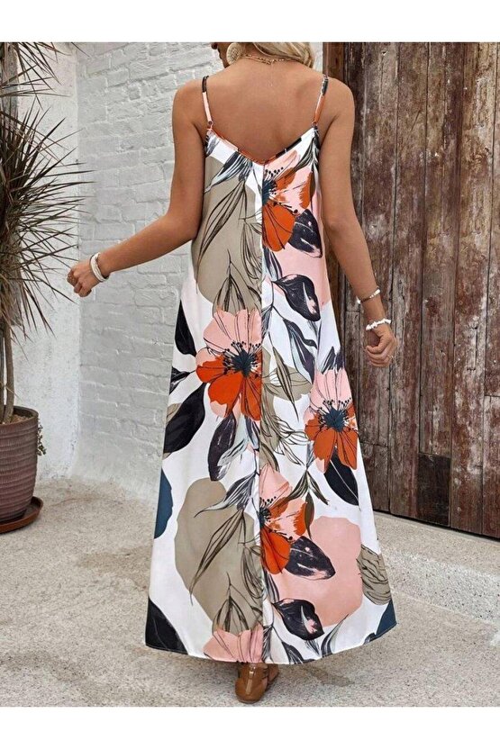 Kadın Ip Askılı Geniş V Yakalı Desenli Süprem Elbise