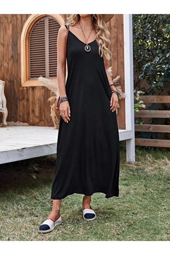 Kadın Ip Askılı Derin Geniş V Yakalı Uzun Viskon Elbise