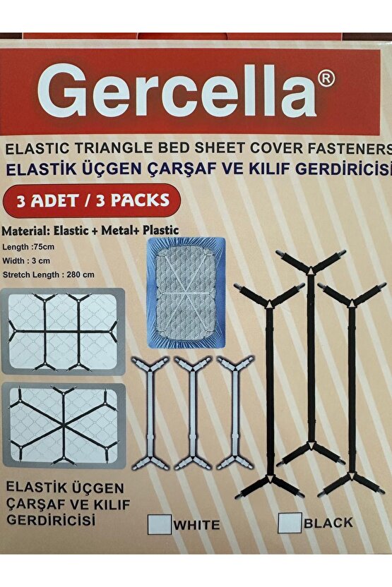 ELASTİK ÜÇGEN ÇARŞAF VE KILIF GERDİRİCİSİ VE ÇARŞAF TUTUCUSU UZUN TİP SİYAH