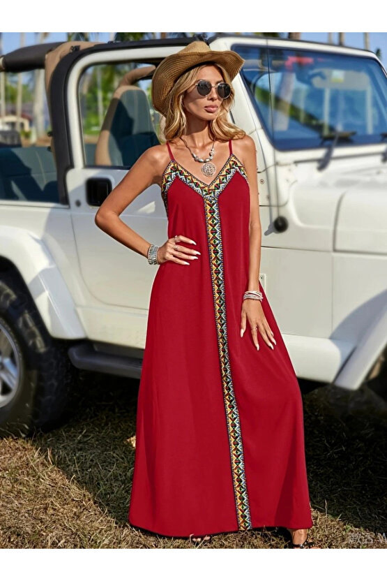 Kadın Askılı V Yakalı Etnik şerit Detaylı Uzun Viskon Elbise
