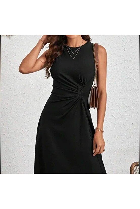 Kadın Sıfır Kollu Bisiklet Yaka Büzgülü Asimetrik Kesim Detaylı Janjan Krep Elbise