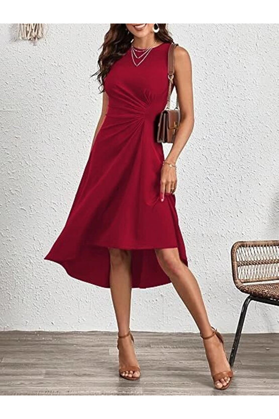 EQURİ Kadın Sıfır Kollu Bisiklet Yaka Büzgülü Asimetrik Kesim Detaylı Janjan Krep Elbise